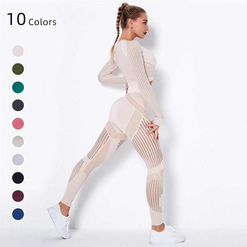 Hollow Out Seamless Yoga Set Sport Outfits Women Black Two 2 Piece Crop Top Bra Leggings Workout Gym suit Fitness Sport Sets