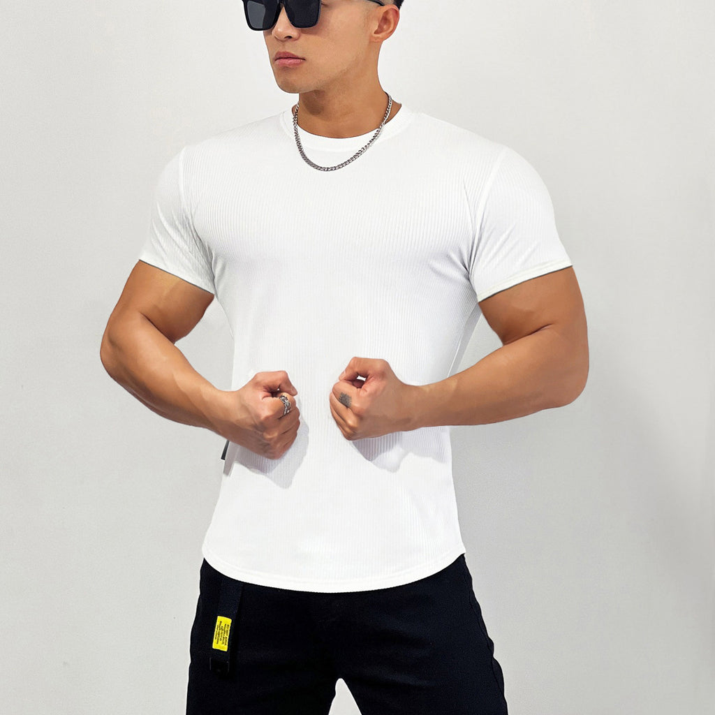 Slim Fit Stretch Gym Wear Solid Color Stripe Men's Short Sleeve T-Shirt for Sports Basketball Running Training Quick-Dry Base Layer Shirt