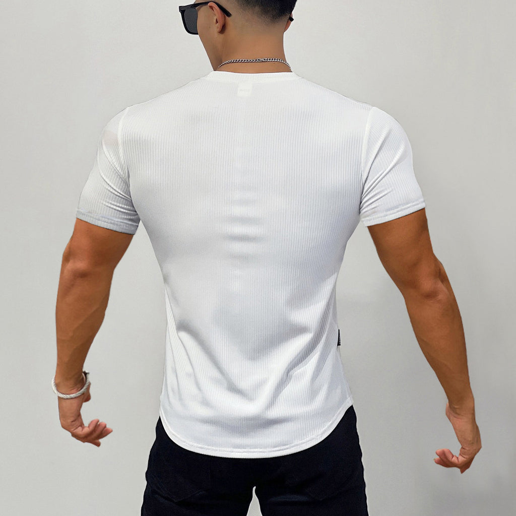 Slim Fit Stretch Gym Wear Solid Color Stripe Men's Short Sleeve T-Shirt for Sports Basketball Running Training Quick-Dry Base Layer Shirt